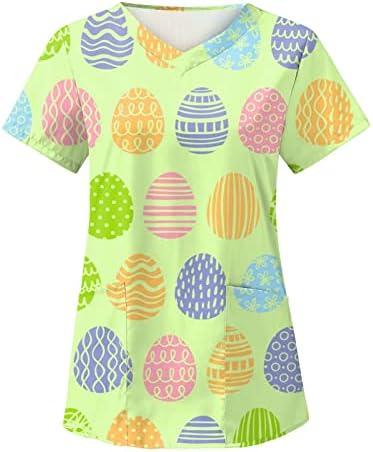 Paskalya Günü Gömlek Kadınlar için Komik Scrubs_Tops Sevimli Tavşan Baskılı Kısa Kollu V Boyun Tee Gömlek Cepler ile