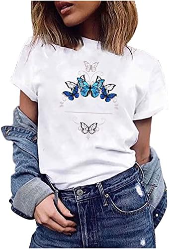 Yaz Bayan Kelebek Baskı T-Shirt Moda Kısa Kollu yuvarlak boyun Üstleri Rahat Sevimli Grafik Bluzlar Rahat Gevşek Tee