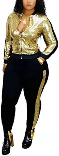 ThusFar kadın Seksi Pullu İki Parçalı Kıyafetler Cepler Glitter Metalik Ceket ve Pantolon Bodycon Jogger Eşofman Clubwear