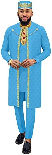 Afrika Giysi Erkekler için Nakış Ceket Gömlek Pantolon Şapka 4 Parça Set Dashiki Kıyafetler Düğün Akşam için