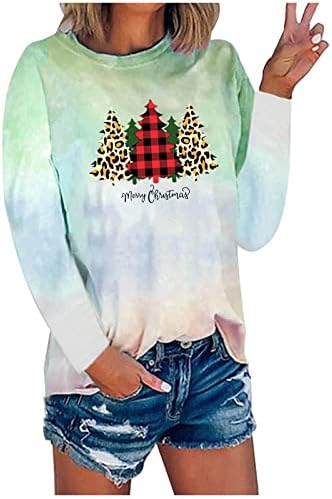Kadınlar için noel Gömlek Kravat Boya Degrade Tunik Üstleri Uzun Kollu Crewneck Rahat Sevimli Ekose Noel Ağaçları