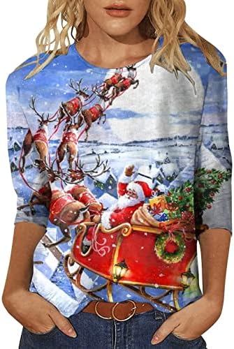 Noel Baba Noel Kazak Kadınlar için Komik Sevimli Ren Geyiği Baskı 3/4 Kollu T Shirt Yenilik X-Mas Crewneck Tops