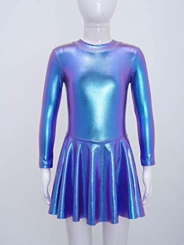 JEATHA Çocuk Kız Parlak Metalik Elbise Uzun Kollu Caz Modern Dans Leotard Elbise Giyim Fantezi Kostüm
