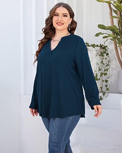 AMCLOS Bayan Artı Boyutu Üstleri V Boyun T-Shirt Bluzlar Casual Yumuşak Dökümlü Tunik Uzun Rulo Tab Kollu Düğmeler
