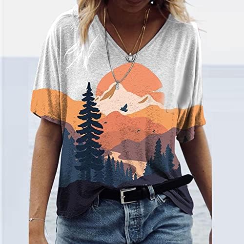 Yaz bluzlar Kadınlar için Rahat Baskılı Orta Kollu V Boyun Gevşek Moda Tatil T-Shirt ve Üstleri
