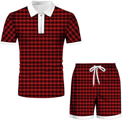 XXBR Erkek Yaz 2 Parça Setleri Ekose Baskı Kısa Kollu Zip Polo golf gömlekleri şort takımı Rahat Fit spor kıyafeti