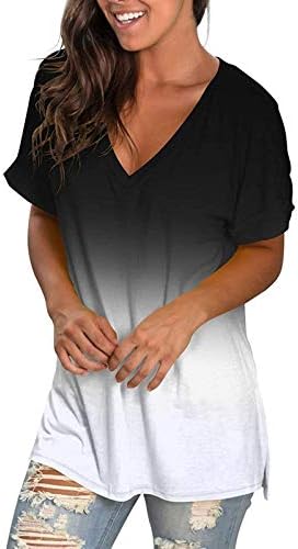 Gömlek Kadınlar için V Boyun Kravat Boya Degrade Yaz Üstleri Kısa Kollu Çiçek Gevşek Tunik Rahat Bluz Tee