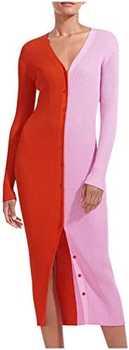 Kadın Midi uzun elbise Renk Blok Patchwork kalem Elbise Uzun Kollu Derin V Yaka Düğme Aşağı Slim Fit Kazak Elbiseler