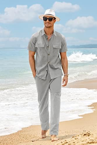 Erkek Keten Gömlek Setleri 2 Parça Kıyafetler Casual Düğme Aşağı Kısa Kollu Gömlek Gevşek Pantolon Yaz Plaj Takım