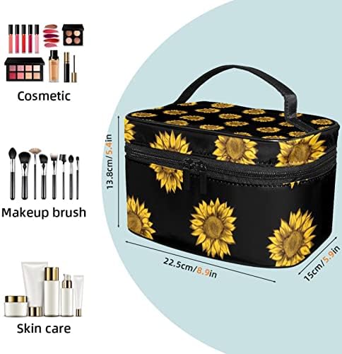 Makyaj çantası, Seyahat Makyaj Kozmetik Çantası Kadın Erkek, Ayçiçeği Siyah Sarı Retro Çiçek Baskı