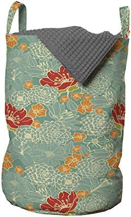 Ambesonne Bahçe Sanatı Çamaşır Torbası, Vintage Tasarımlı Çiçek Kompozisyonu Oryantal Siluet Tarzı Yaprakları, Kulplu