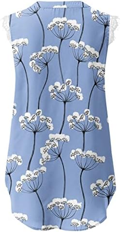 Moda Tunik Üstleri Kadınlar için Anahtar Deliği Boyun Çizgili / Çiçek Baskı T Shirt Dantel Trim Kolsuz Bluz Kavisli