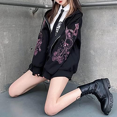 Kadınlar Casual Gotik Ceket Gül baskılı kapüşonlu svetşört Fermuar Vintage Mont Kadınlar için Cep Gevşek fit Genç