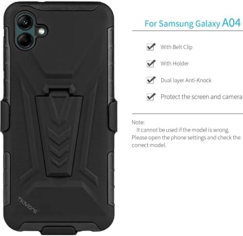TKMore Kemer Klipsi samsung kılıfı Galaxy A04 cep telefonu kılıfı Kapak Kickstand Tutucu ile Anti-Vurmak Kılıf Siyah