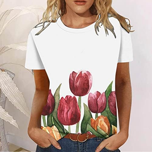 Gömlek Kadın Rahat Gömlek Kadınlar için Uygun Çiçek Baskı Gömlek Yuvarlak Boyun Kısa Kollu Tee Bayan Gevşek Fit