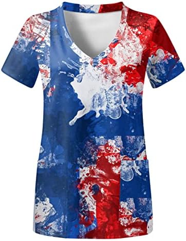 4th Temmuz Tee Gömlek Kadınlar için Abd Bayrağı Yaz Kısa Kollu V Yaka Tee Gömlek 2 Cepler Bluzlar Tatil Rahat İş Giysisi