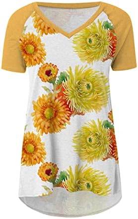 CGGMVCG moda üst giyim Kadınlar için Yaz Üstleri Rahat Uzun Gömlek Kısa Kollu V Boyun Bluz Ayçiçeği Bayan Grafik Tişörtleri