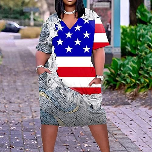 HCJKDU Midi Elbiseler Kadınlar için V Boyun Kısa Kollu Moda Amerikan Bayrağı Yıldız Baskı Elbise Cepler ile Gevşek