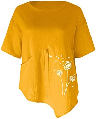 Cepler Kadınlar için Tops Pamuk Keten Kısa Kollu Tees Gömlek Yaz Karahindiba Baskı Gevşek Rahat Crewneck Tunik Bluz