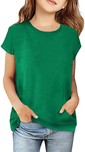 Haloumoning Kızlar Rahat Kısa Kollu T Shirt Renk Blok Tee Bluz Çocuklar Gevşek Tunik Üstleri Cepler Boyutu 4-15