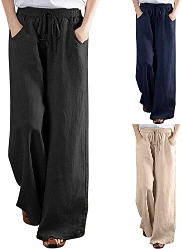 Meymia Bayan Pamuk Keten Pantolon, 2023 Yaz Kadın Rahat Yüksek Bel Geniş Bacak Önlüklü Streç Yoga Pantolon Pantolon