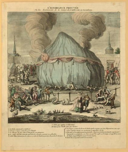Tarihselfindings Fotoğraf: Fransız Çizgi Filmi,1784, Abbe Miollan, Janinet, Sıcak Hava Balonu, Ateş Kabarması, Duman