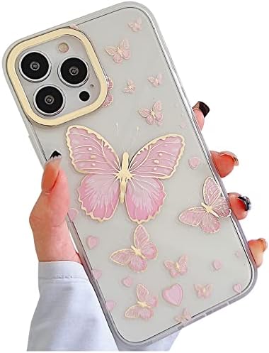 ooooops ile uyumlu iPhone 14 Pro Max Kılıf Kadınlar Kızlar için, Glitter Altın Kelebekler, Sevimli Aşk Kalp Şeklinde