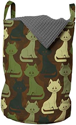 Lunarable Yavru Kedi Çamaşır Torbası, Soluk Sarı Zeytin ve Koyu Yeşil Tonlarında Kedi Siluetleri Deseni, Çamaşırhaneler