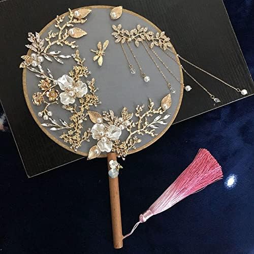 YFSDX Boncuklu Çin Altın Gelin El Buketi Fan Tipi El Yapımı Çiçekler İnciler Metal Yuvarlak Fan Düğün Aksesuarları