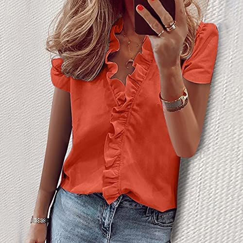 Artı boyutu yaz T gömlek kadınlar için zarif fırfır v yaka kısa kollu Tee Tops düz renk rahat bluzlar